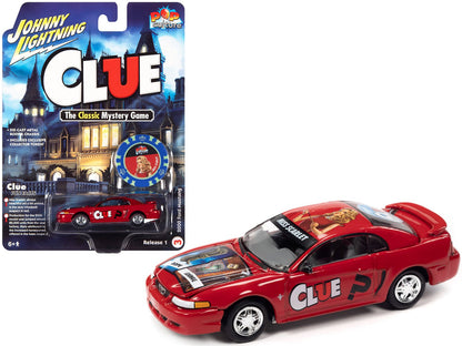 2000 Ford Mustang "Miss Scarlet" Red with Graphics with Poker Chip (Collector Token) "Modern Clue" "Pop Culture" 2022 Release 1 1/64 Diecast Model Car by Johnny Lightning  free shipping USA