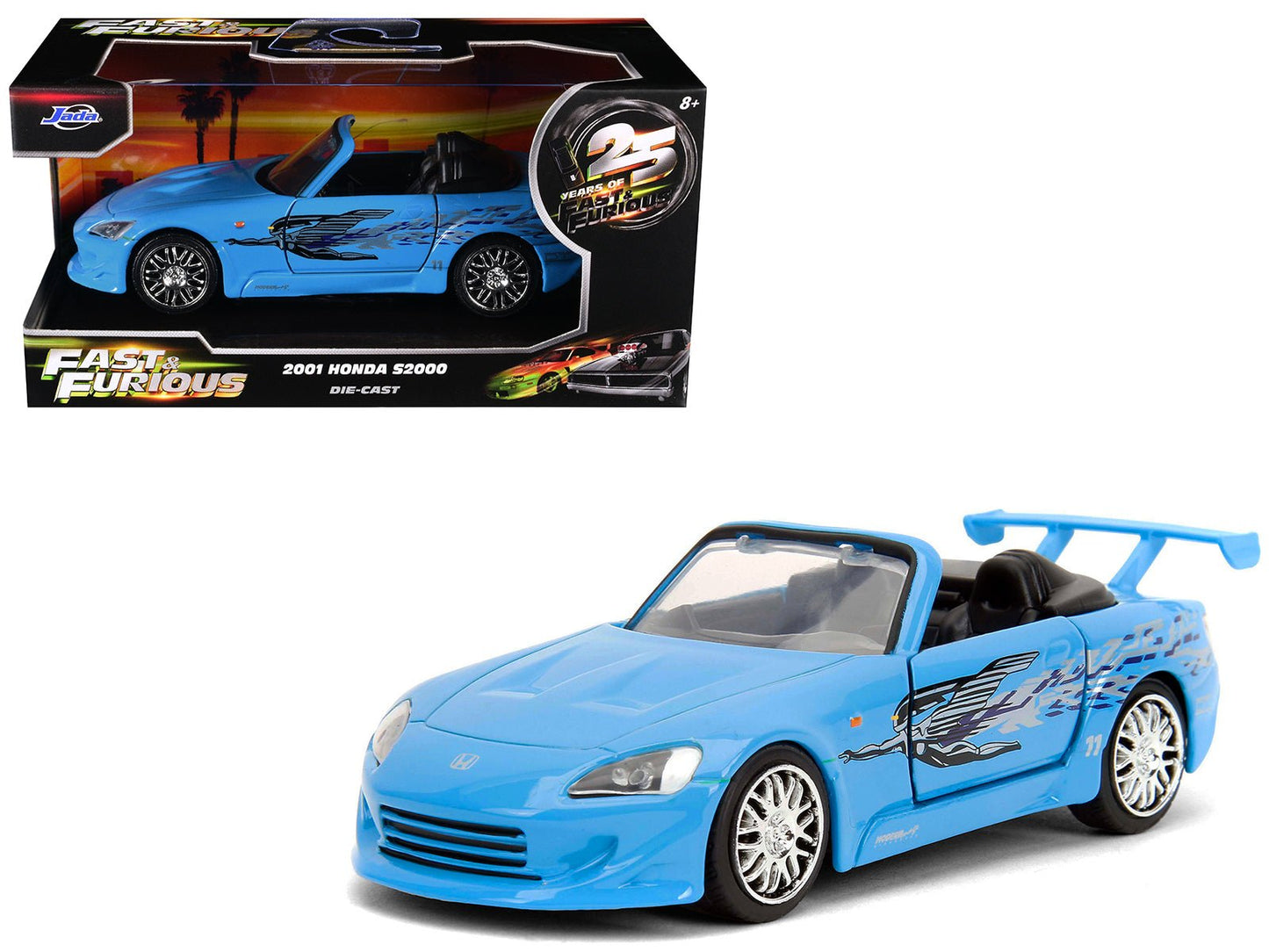 2001 Honda S2000 Convertible Blue with Graphics "Fast & Furious Remix - 25th Anniversary" Series  1/32 Diecast Model Car by Jada  free shipping USA