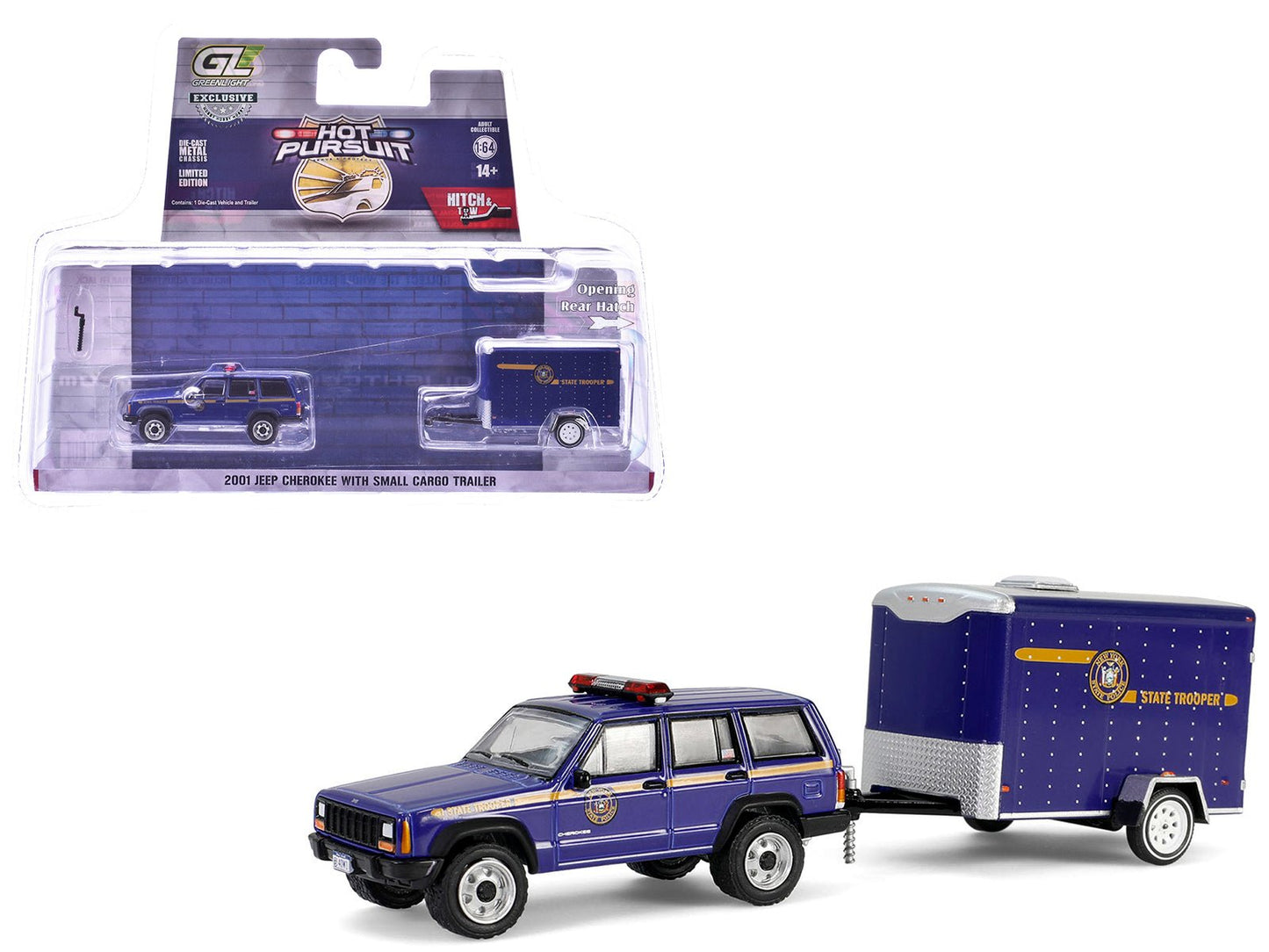 2001 Jeep Cherokee "New York State Police" Blue with Yellow Stripes and Small Cargo Trailer "Hot Pursuit Hitch & Tow" Series 1 1/64 Diecast Model Cars by Greenlight  free shipping USA
