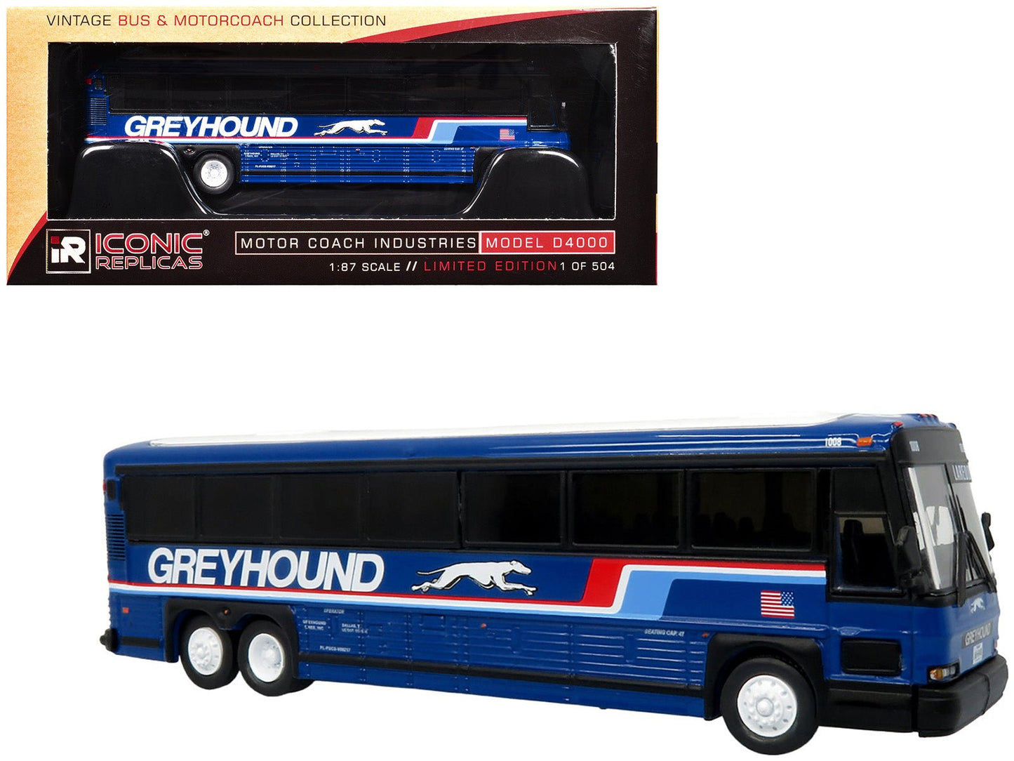 2001 MCI D4000 Coach Bus "Greyhound" Blue with Stripes "Vintage Bus & Motorcoach Collection" Limited Edition to 504 pieces Worldwide 1/87 (HO) Diecast Model by Iconic Replicas  free shipping USA