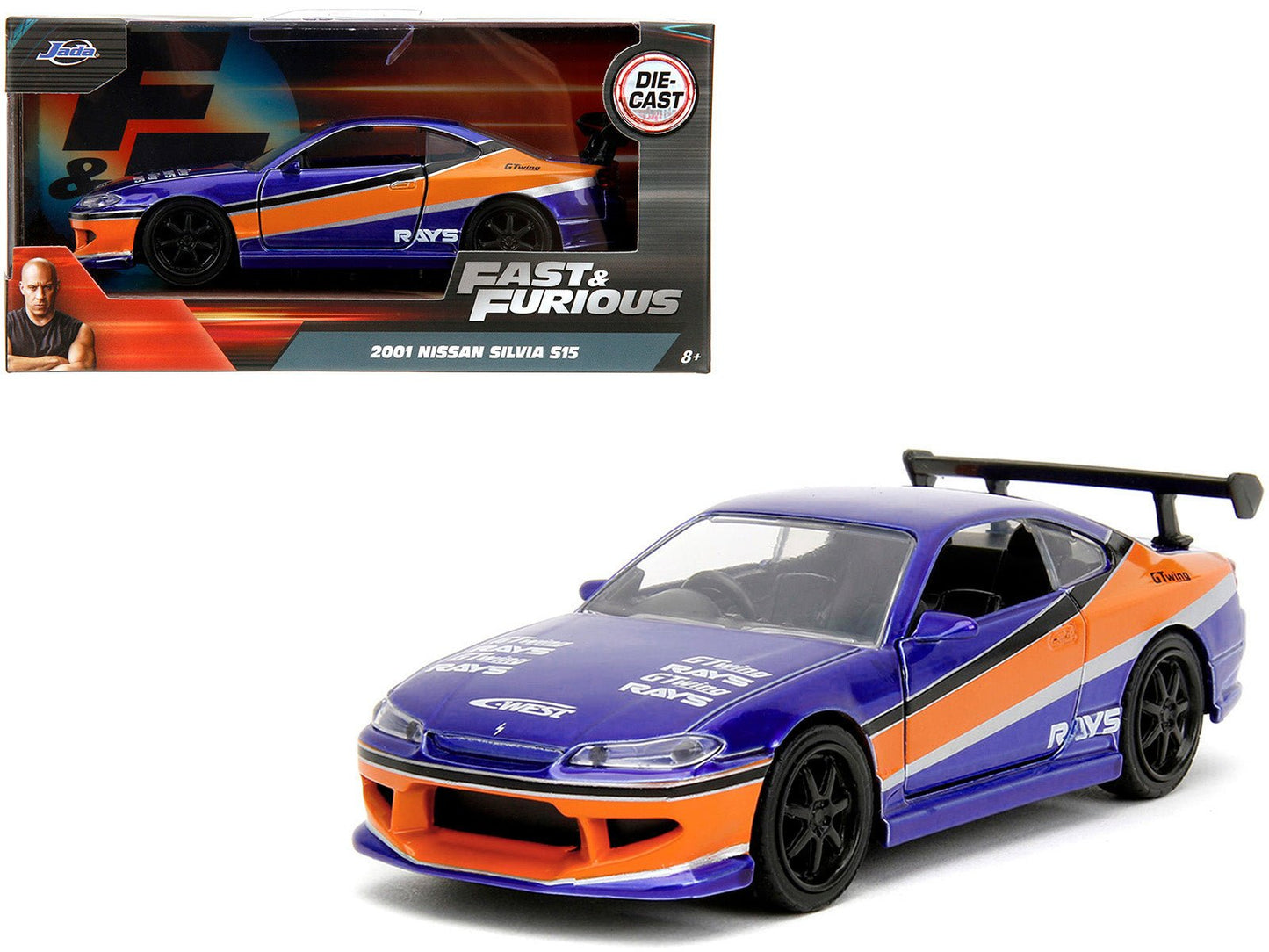 2001 Nissan Silvia S15 RHD (Right Hand Drive) Blue Metallic with Graphics "The Fast and the Furious: Tokyo Drift" (2006) Movie "Fast & Furious" Series 1/32 Diecast Car Model by Jada  free shipping USA