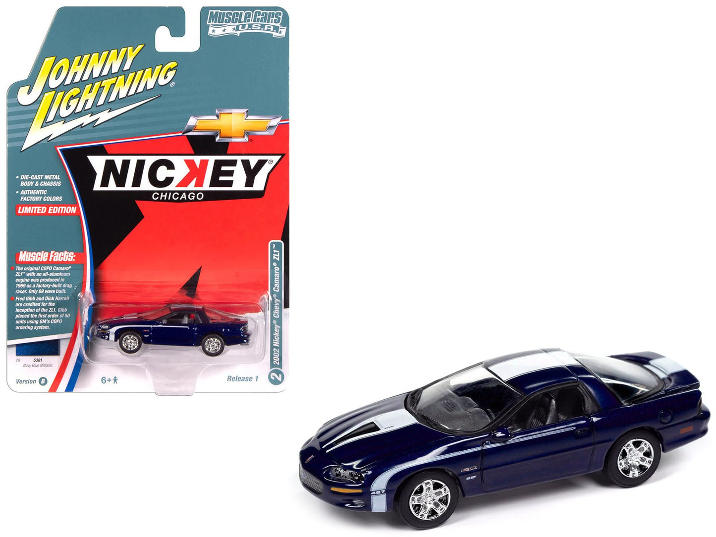 2002 Chevrolet Nickey Camaro ZL1 Navy Blue Metallic with White Stripes "Muscle Cars USA" Series 1/64 Diecast Model Car by Johnny Lightning  free shipping USA