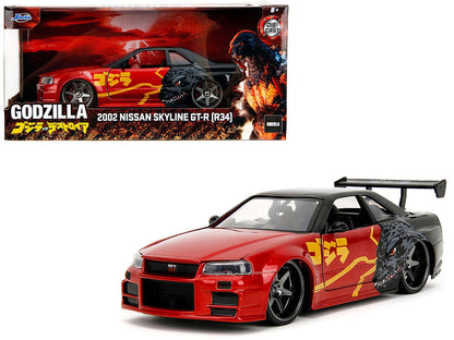 2002 Nissan Skyline GT-R (R34) RHD (Right Hand Drive) Red Metallic and Black "Godzilla vs. Destoroyah" (1995) Movie "Hollywood Rides" Series 1/24 Diecast Model Car by Jada  free shipping USA