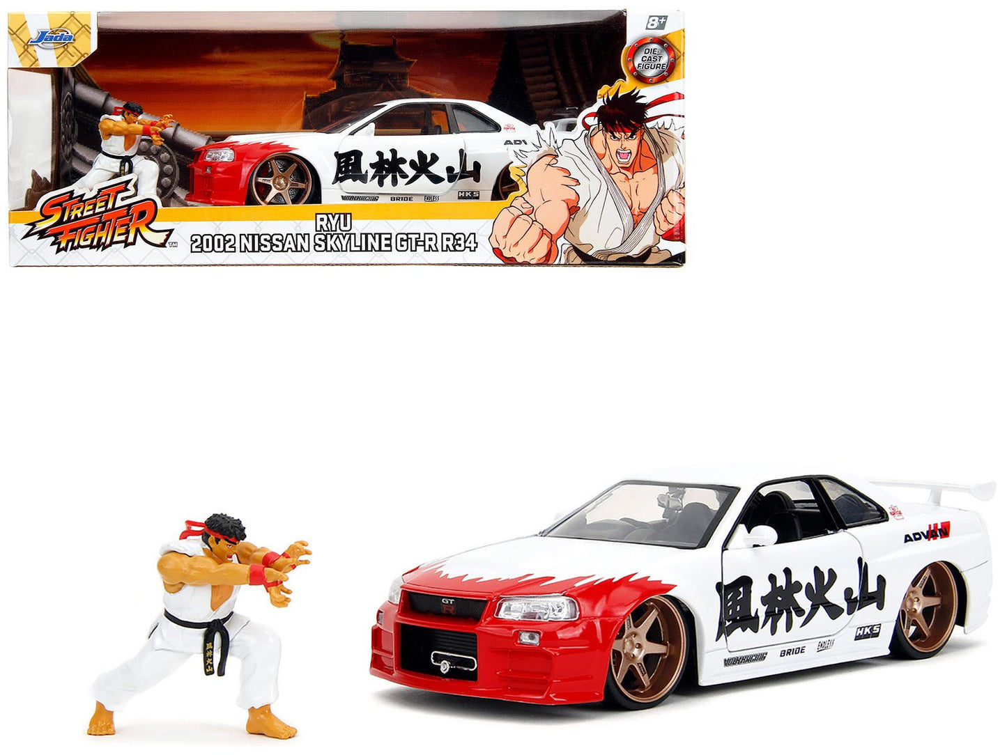 2002 Nissan Skyline GT-R (R34) RHD (Right Hand Drive) White with Red Graphics and Ryu Diecast Figure "Street Fighter" Video Game "Anime Hollywood Rides" Series 1/24 Diecast Model Car by Jada  free shipping USA