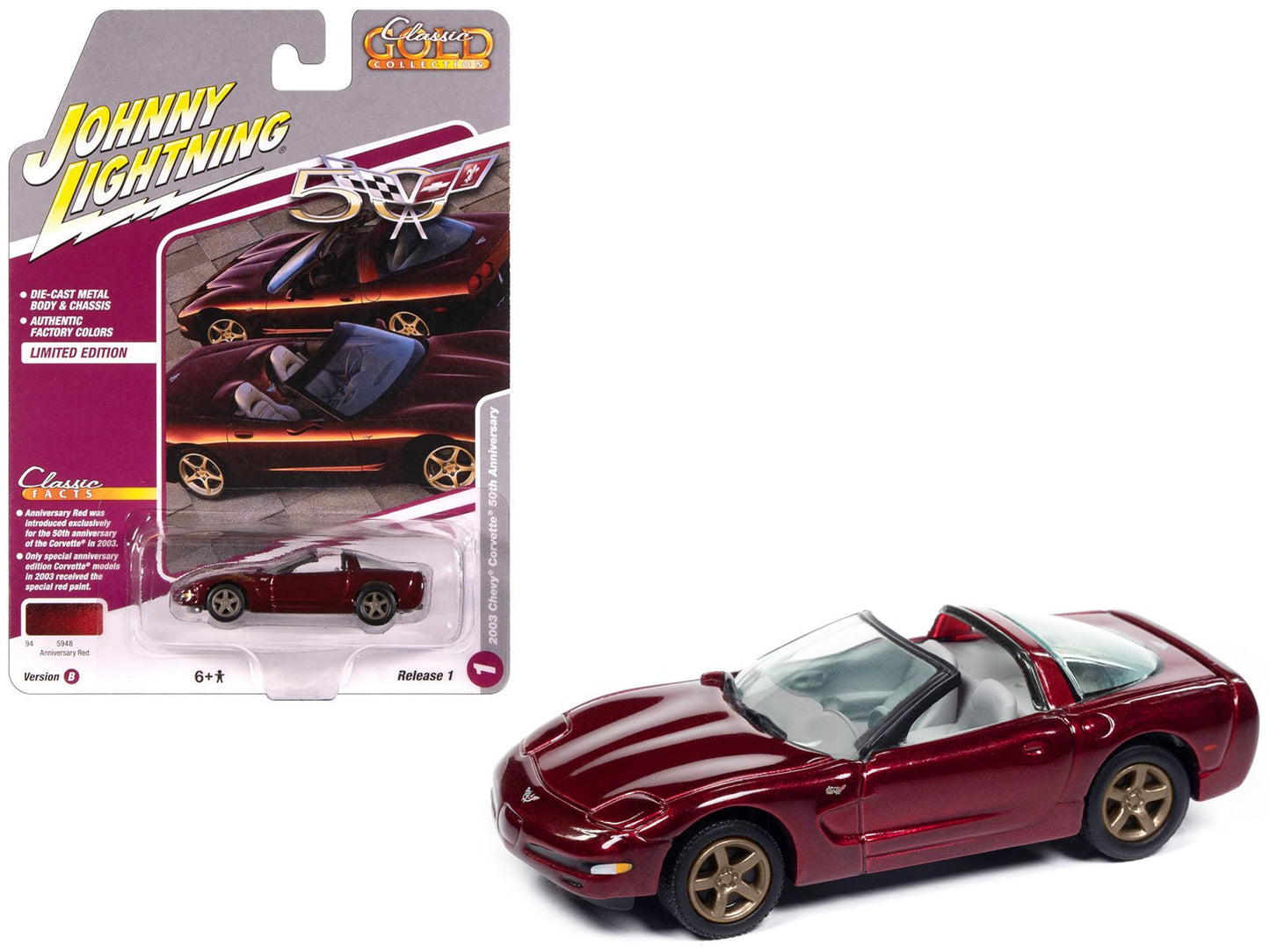 2003 Chevrolet Corvette Convertible "50th Anniversary" Anniversary Red Metallic "Classic Gold Collection" 1/64 Diecast Model Car by Johnny Lightning  free shipping USA