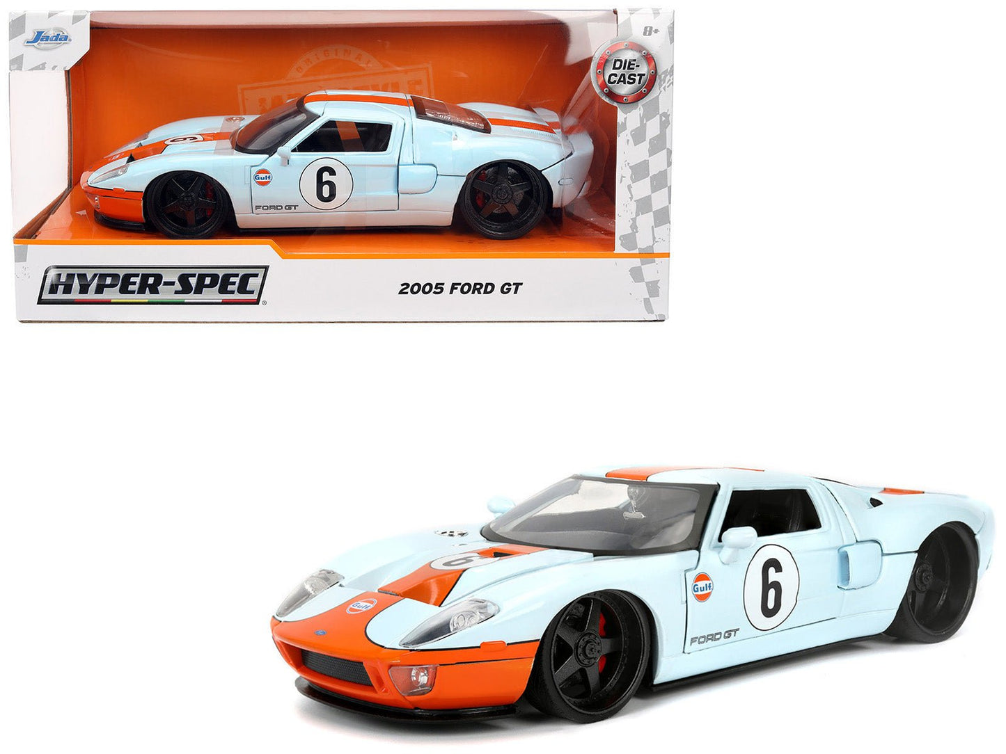 2005 Ford GT #6 "Gulf Oil" Light Blue with Orange Stripes "Hyper-Spec" Series 1/24 Diecast Model Car by Jada  free shipping USA