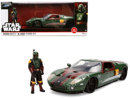 2005 Ford GT Green (Weathered) with Graphics and Boba Fett Figure "Star Wars" Franchise "Hollywood Rides" Series 1/24 Diecast Model Car by Jada  free shipping USA