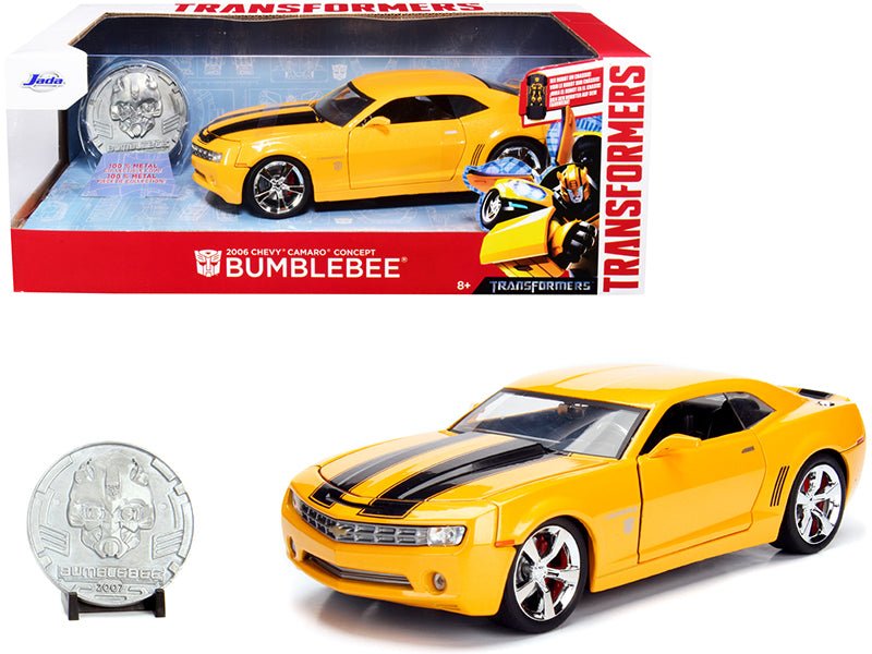 2006 Chevrolet Camaro Concept Yellow Bumblebee with Robot on Chassis and Collectible Metal Coin "Transformers" Movie 1/24 Diecast Model Car by Jada  free shipping USA
