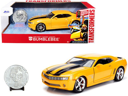 2006 Chevrolet Camaro Concept Yellow Bumblebee with Robot on Chassis and Collectible Metal Coin "Transformers" Movie 1/24 Diecast Model Car by Jada  free shipping USA