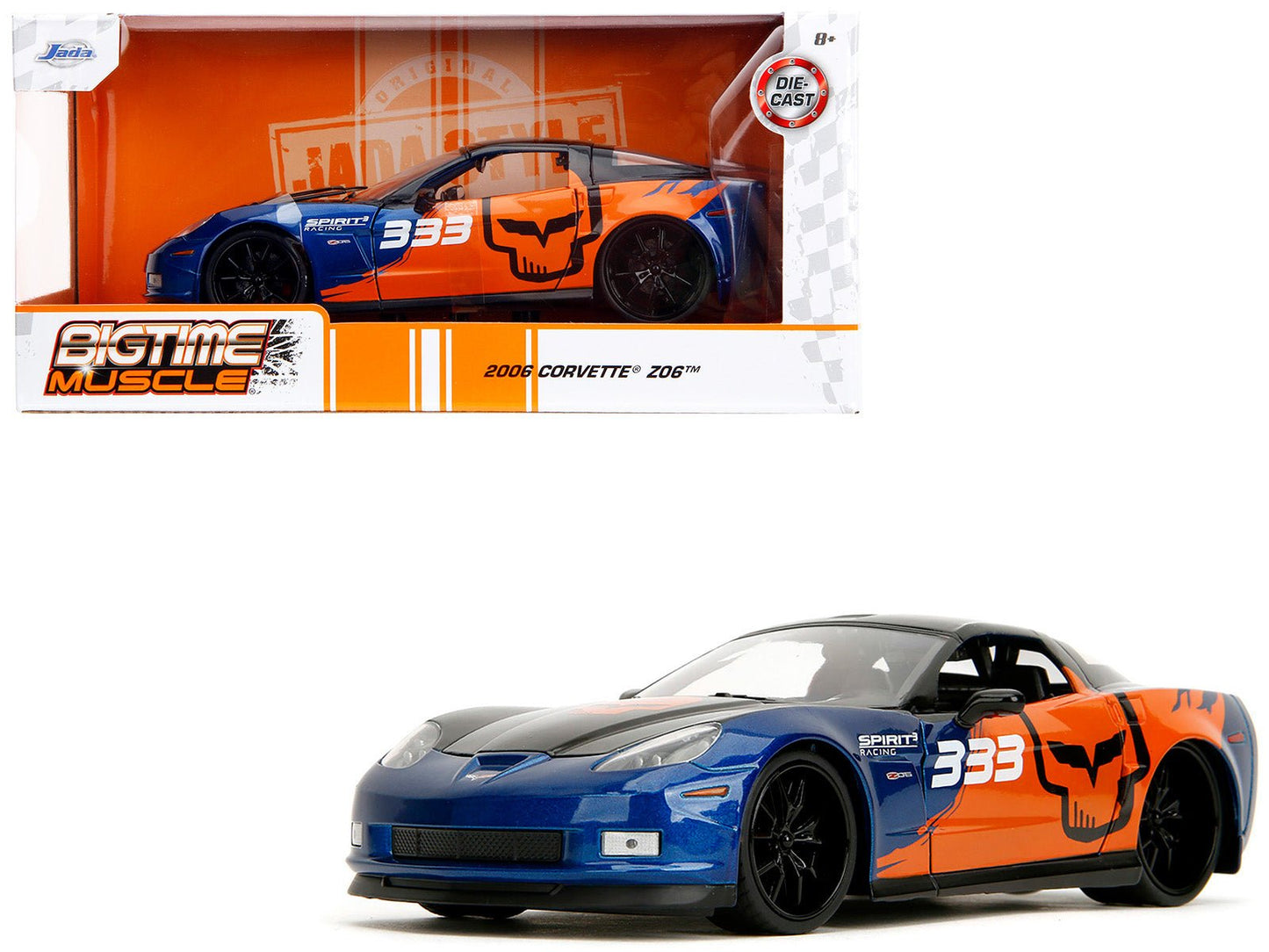 2006 Chevrolet Corvette Z06 #333 "Spirit Racing" Blue Metallic and Orange with Black Hood and Top "Bigtime Muscle" Series 1/24 Diecast Model Car by Jada  free shipping USA