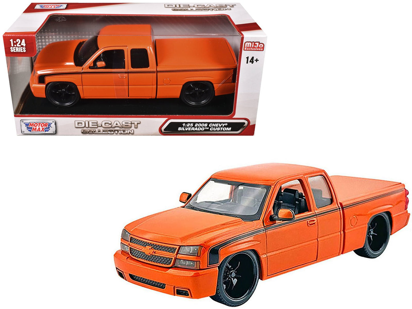 2006 Chevrolet Silverado Custom Pickup Truck Orange Metallic with Black Stripes "Die-Cast Collection" Series 1/25 Diecast Model Car by Motormax  free shipping USA