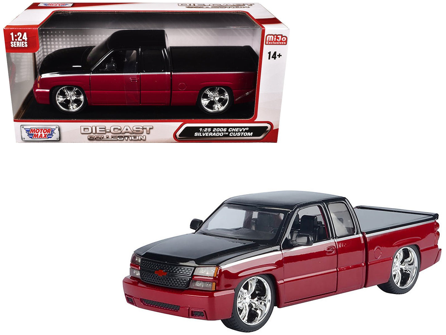2006 Chevrolet Silverado Custom Pickup Truck Red Metallic and Black with Silver Stripes "Die-Cast Collection" Series 1/25 Diecast Model Car by Motormax  free shipping USA