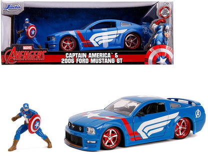 2006 Ford Mustang GT with Captain America Diecast Figurine "Avengers" "Marvel" Series 1/24 Diecast Model Car by Jada  free shipping USA