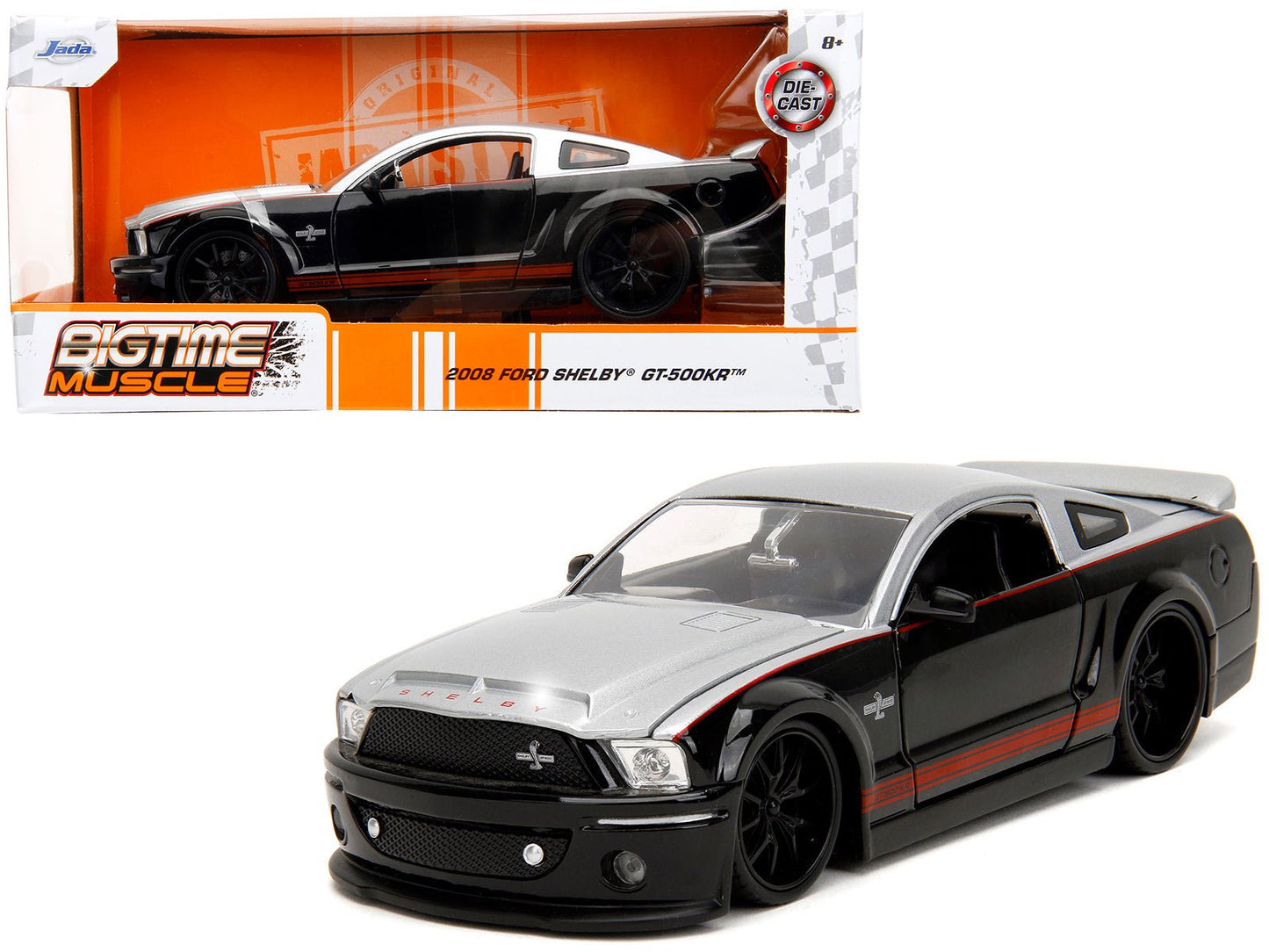 2008 Ford Shelby Mustang GT-500KR Silver and Black with Red Stripes "Bigtime Muscle" Series 1/24 Diecast Model Car by Jada  free shipping USA