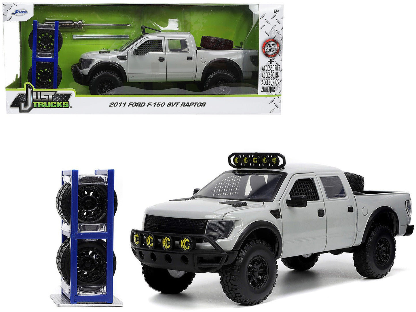2011 Ford F-150 SVT Raptor Pickup Truck Light Gray with Extra Wheels "Just Trucks" Series 1/24 Diecast Model Car by Jada  free shipping USA