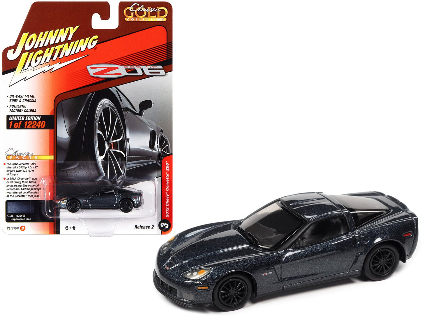 2012 Chevrolet Corvette Z06 Supersonic Blue Metallic "Classic Gold Collection" Series Limited Edition to 12240 pieces Worldwide 1/64 Diecast Model Car by Johnny Lightning  free shipping USA
