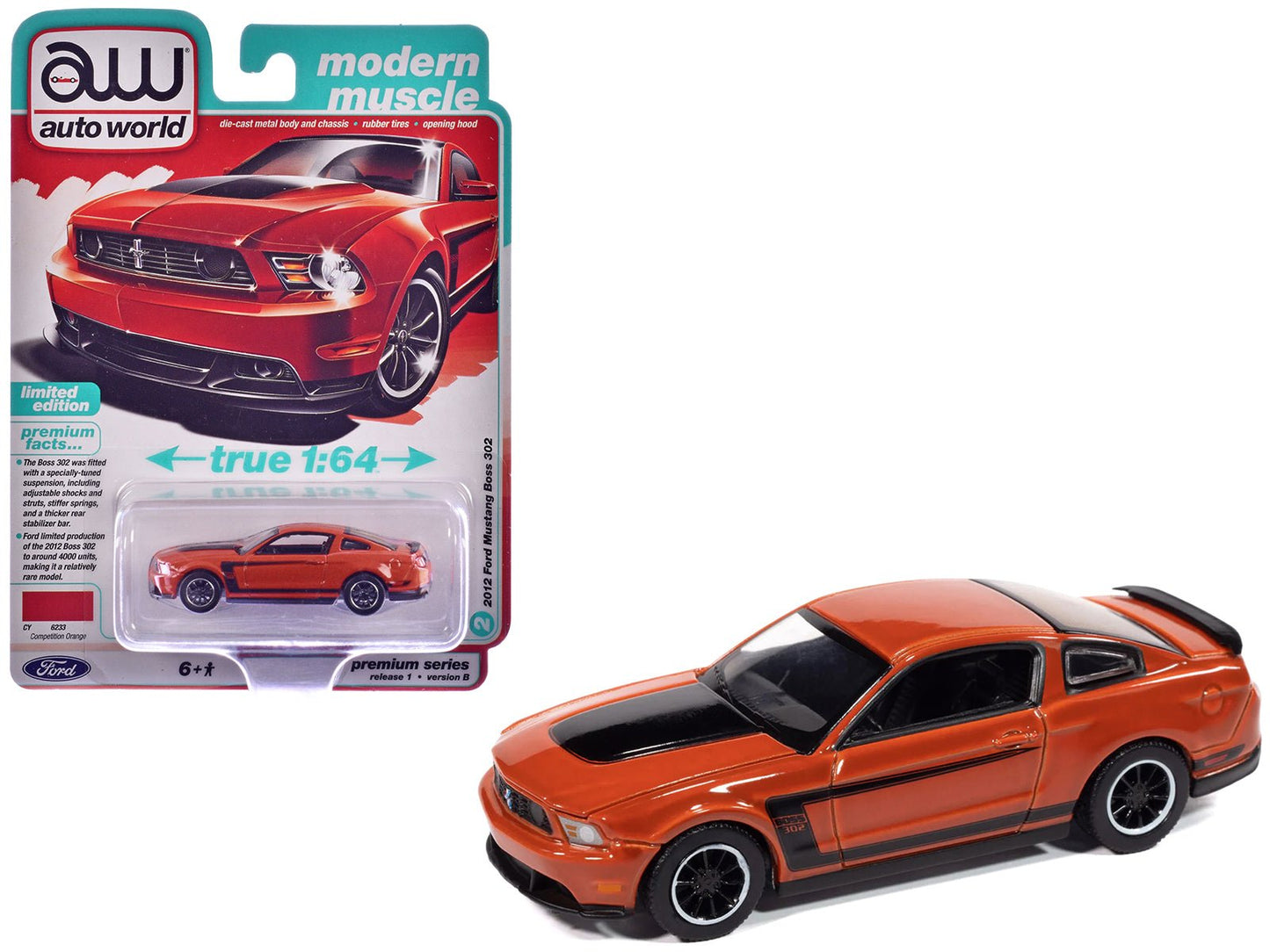 2012 Ford Mustang Boss 302 Competition Orange with Black Accents "Modern Muscle" Series 1/64 Diecast Model Car by Auto World  free shipping USA