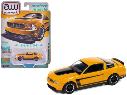 2012 Ford Mustang Boss 302 Yellow Blaze with Black Accents "Modern Muscle" Series 1/64 Diecast Model Car by Auto World  free shipping USA