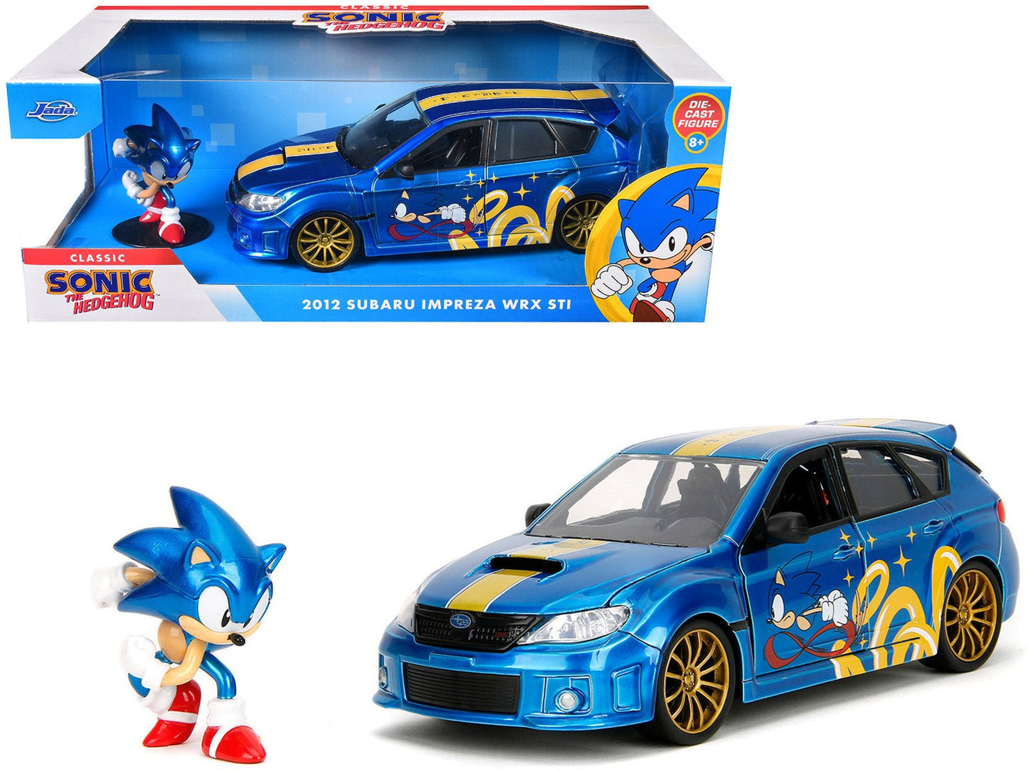 2012 Subaru Impreza WRX STI Blue Metallic with Graphics and Sonic The Hedgehog Diecast Figure "Sonic The Hedgehog" "Hollywood Rides" Series 1/24 Diecast Model Car by Jada  free shipping USA