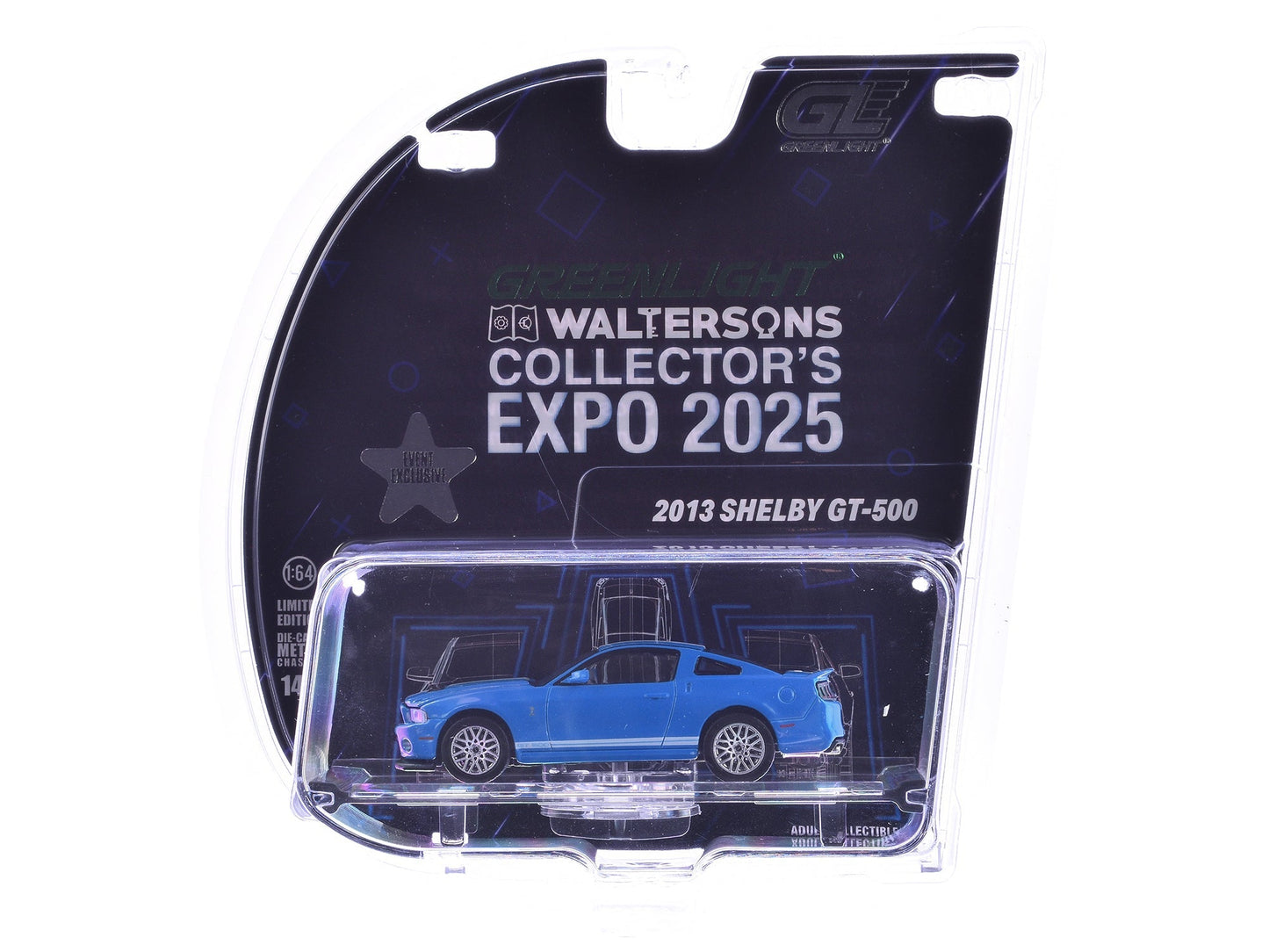 2013 Shelby GT-500 Blue with White Stripes "2025 Greenlight Waltersons Collector's Expo Exclusive" 1/64 Diecast Model Car by Greenlight  free shipping USA