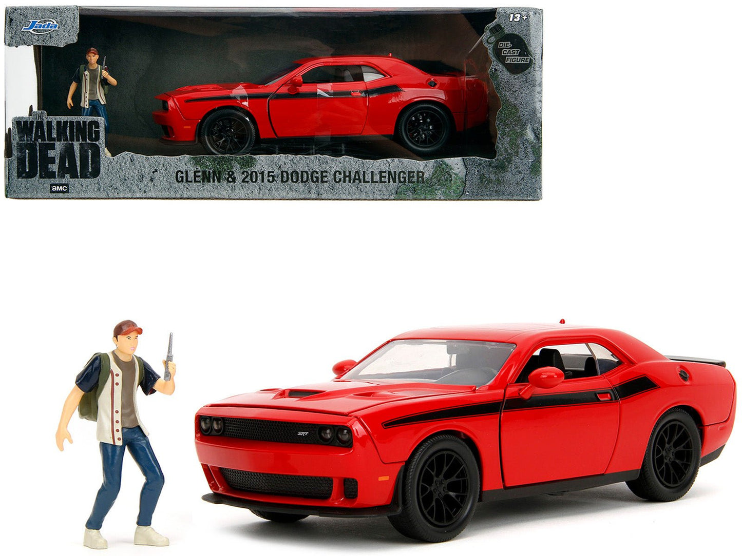 2015 Dodge Challenger Red with Black Stripes and Glenn Diecast Figure "The Walking Dead" (2010-2022) TV Series "Hollywood Rides" Series 1/24 Diecast Model Car by Jada  free shipping USA