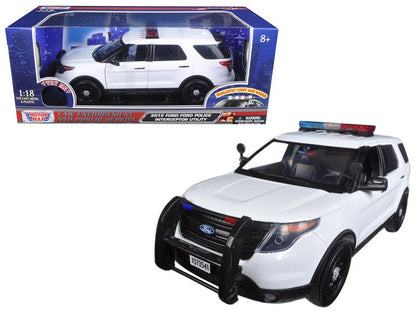 2015 Ford Police Interceptor Utility White with Flashing Light Bar and Front and Rear Lights and 2 Sounds 1/18 Diecast Model Car by Motormax  free shipping USA