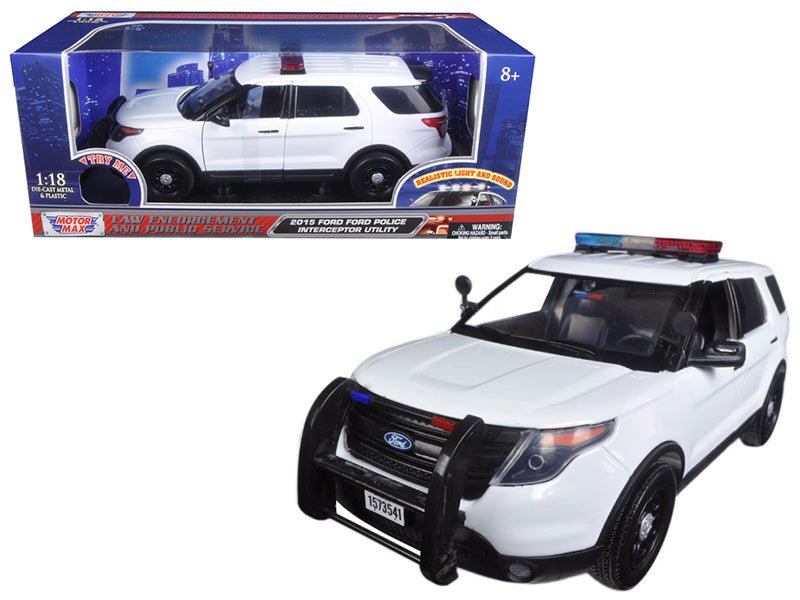 2015 Ford Police Interceptor Utility White with Flashing Light Bar and Front and Rear Lights and 2 Sounds 1/18 Diecast Model Car by Motormax  free shipping USA