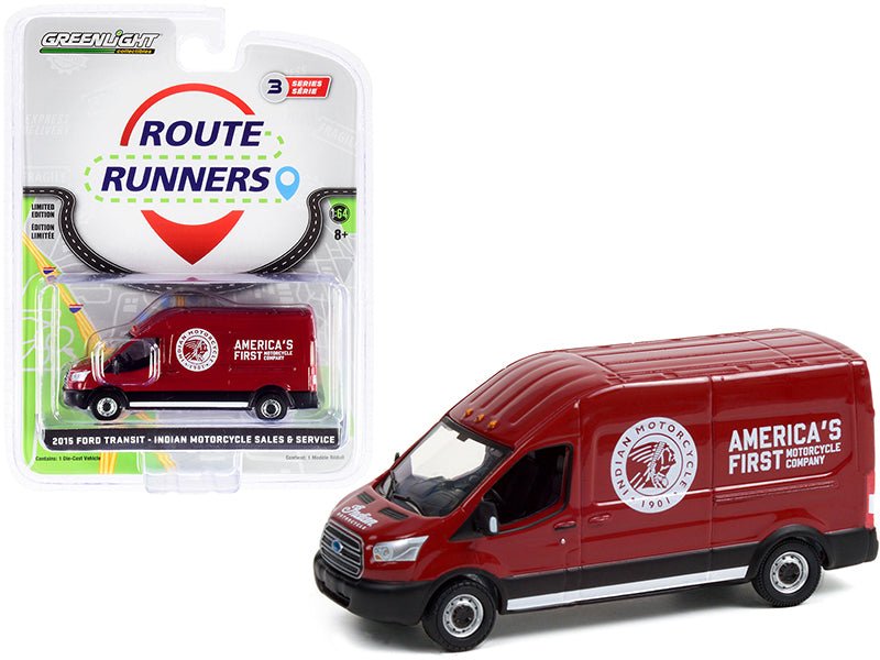 2015 Ford Transit LWB High Roof Van Burgundy "Indian Motorcycle Sales & Service" "Route Runners" Series 3 1/64 Diecast Model by Greenlight  free shipping USA