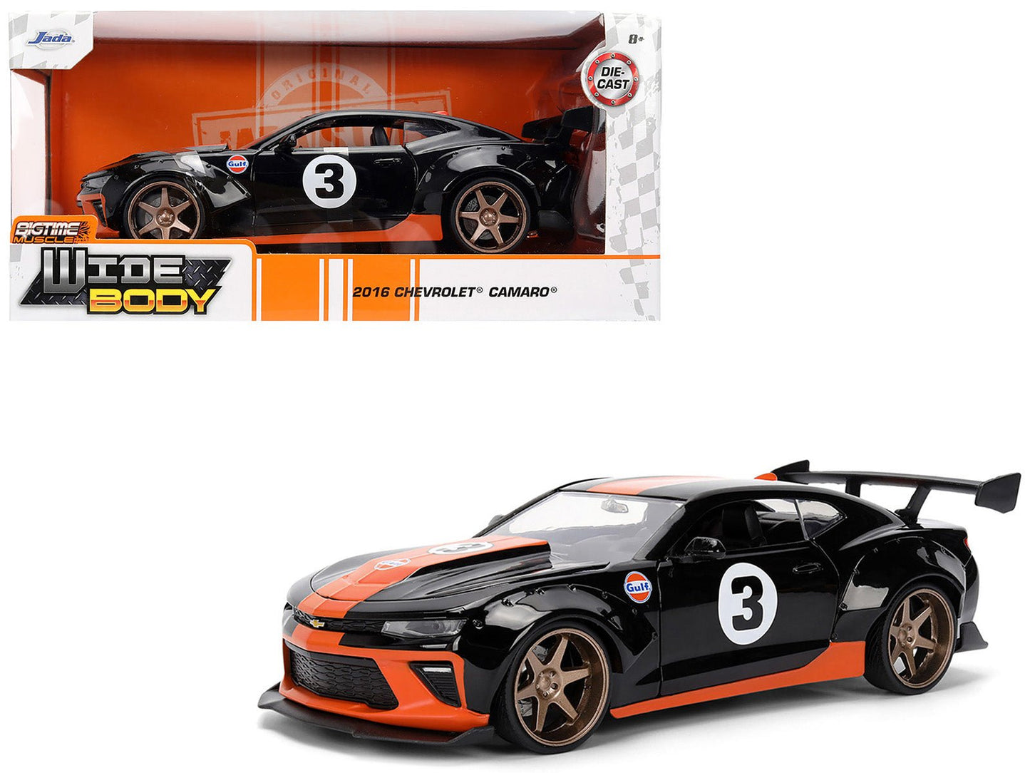 2016 Chevrolet Camaro #3 "Gulf Oil" Black with Orange Stripe "Wide Body" Series 1/24 Diecast Model Car by Jada  free shipping USA