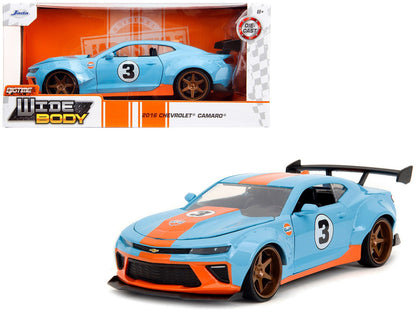 2016 Chevrolet Camaro Widebody #3 Light Blue with Orange Stripes "Gulf Oil" "Wide Body" Series 1/24 Diecast Model Car by Jada  free shipping USA