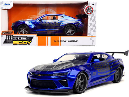 2016 Chevrolet Camaro Widebody Candy Blue with Gray Metallic Hood and American Flag Graphics "Bigtime Muscle" Series 1/24 Diecast Model Car by Jada  free shipping USA