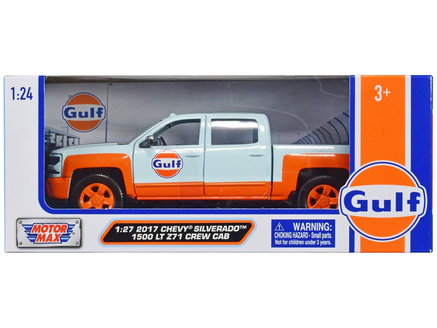 2017 Chevrolet Silverado 1500 LT Z71 Crew Cab Pickup Truck Light Blue with Orange Stripes "Gulf Oil" "Gulf Die-Cast Collection" 1/27 Diecast Model Car by Motormax  free shipping USA