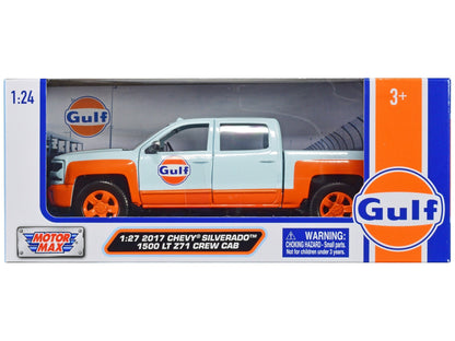 2017 Chevrolet Silverado 1500 LT Z71 Crew Cab Pickup Truck Light Blue with Orange Stripes "Gulf Oil" "Gulf Die-Cast Collection" 1/27 Diecast Model Car by Motormax  free shipping USA