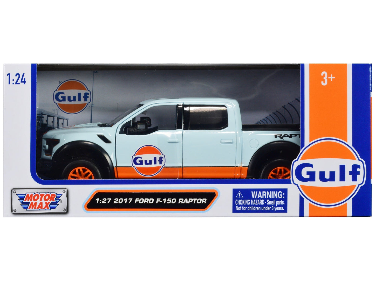 2017 Ford F-150 Raptor Pickup Truck Light Blue with Orange Stripes "Gulf Oil" "Gulf Die-Cast Collection" 1/27 Diecast Model Car by Motormax  free shipping USA