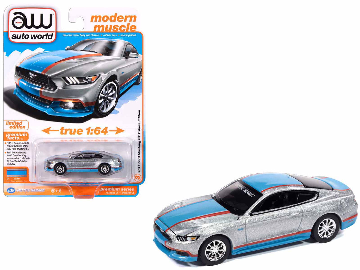 2017 Ford Mustang GT Tribute Edition "Petty's Garage" Ingot Silver Metallic with Petty Blue and Red Stripes "Modern Muscle" Series 1/64 Diecast Model Car by Auto World  free shipping USA