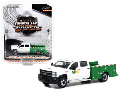 2018 Chevrolet Silverado 3500HD Dually Service Truck White and Green "Waste Management" "Dually Drivers" Series 10 1/64 Diecast Model Car by Greenlight  free shipping USA