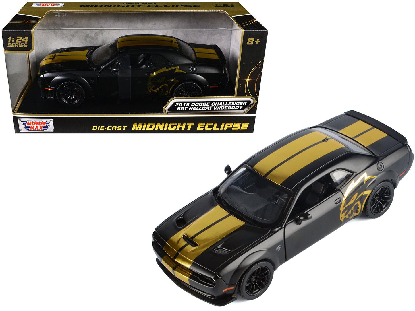 2018 Dodge Challenger SRT Hellcat Widebody Matt Black with Gold Stripes and Graphics "Midnight Eclipse" Series 1/24 Diecast Model Car by Motormax  free shipping USA