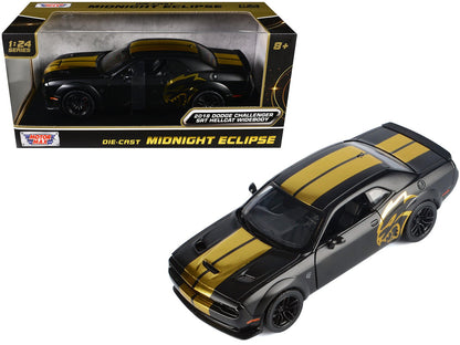 2018 Dodge Challenger SRT Hellcat Widebody Matt Black with Gold Stripes and Graphics "Midnight Eclipse" Series 1/24 Diecast Model Car by Motormax  free shipping USA
