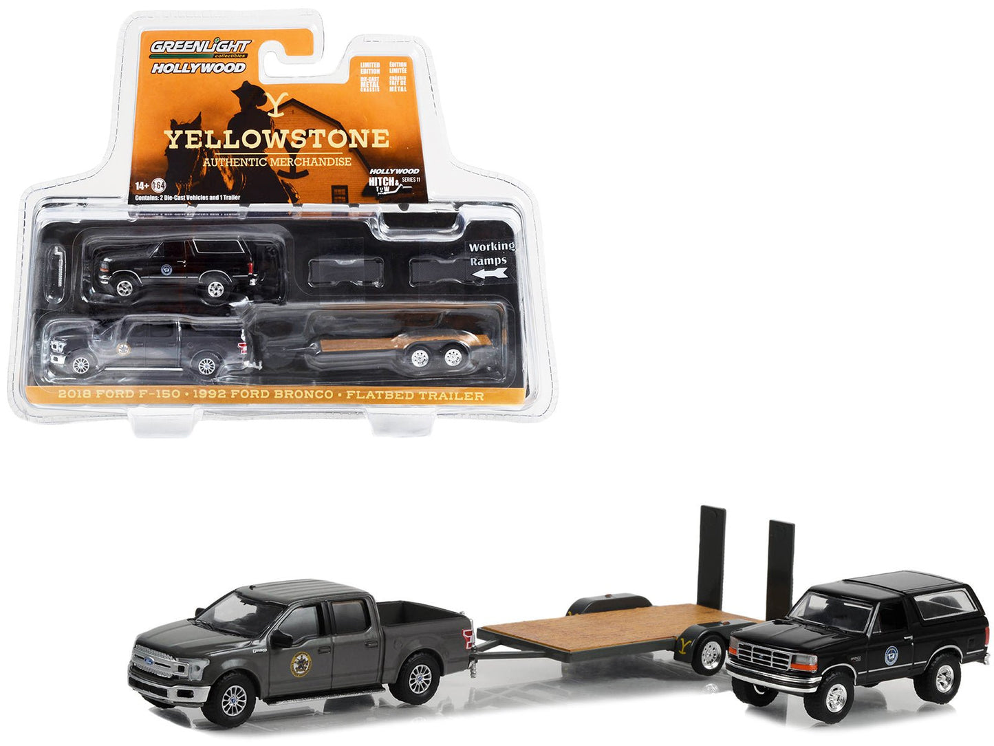 2018 Ford F-150 Pickup Truck Gray with 1992 Ford Bronco "Montana Livestock Association" Black and Flatbed Car Trailer "Yellowstone" (2018-Current) TV Series "Hollywood Hitch & Tow" Series 11 1/64 Diecast Model Cars by Greenlight  free shipping USA