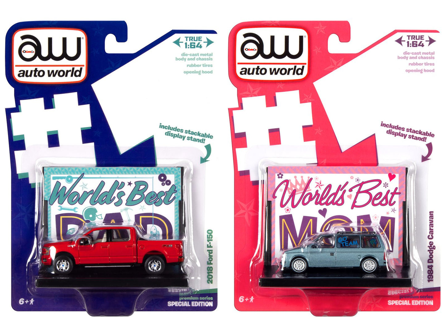 2018 Ford F-150 Pickup Truck Red and 1984 Dodge Caravan Minivan Blue Metallic "World's Best Mom and Dad" Set of 2 Pieces 1/64 Diecast Model Cars by Auto World  free shipping USA