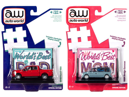 2018 Ford F-150 Pickup Truck Red and 1984 Dodge Caravan Minivan Blue Metallic "World's Best Mom and Dad" Set of 2 Pieces 1/64 Diecast Model Cars by Auto World  free shipping USA