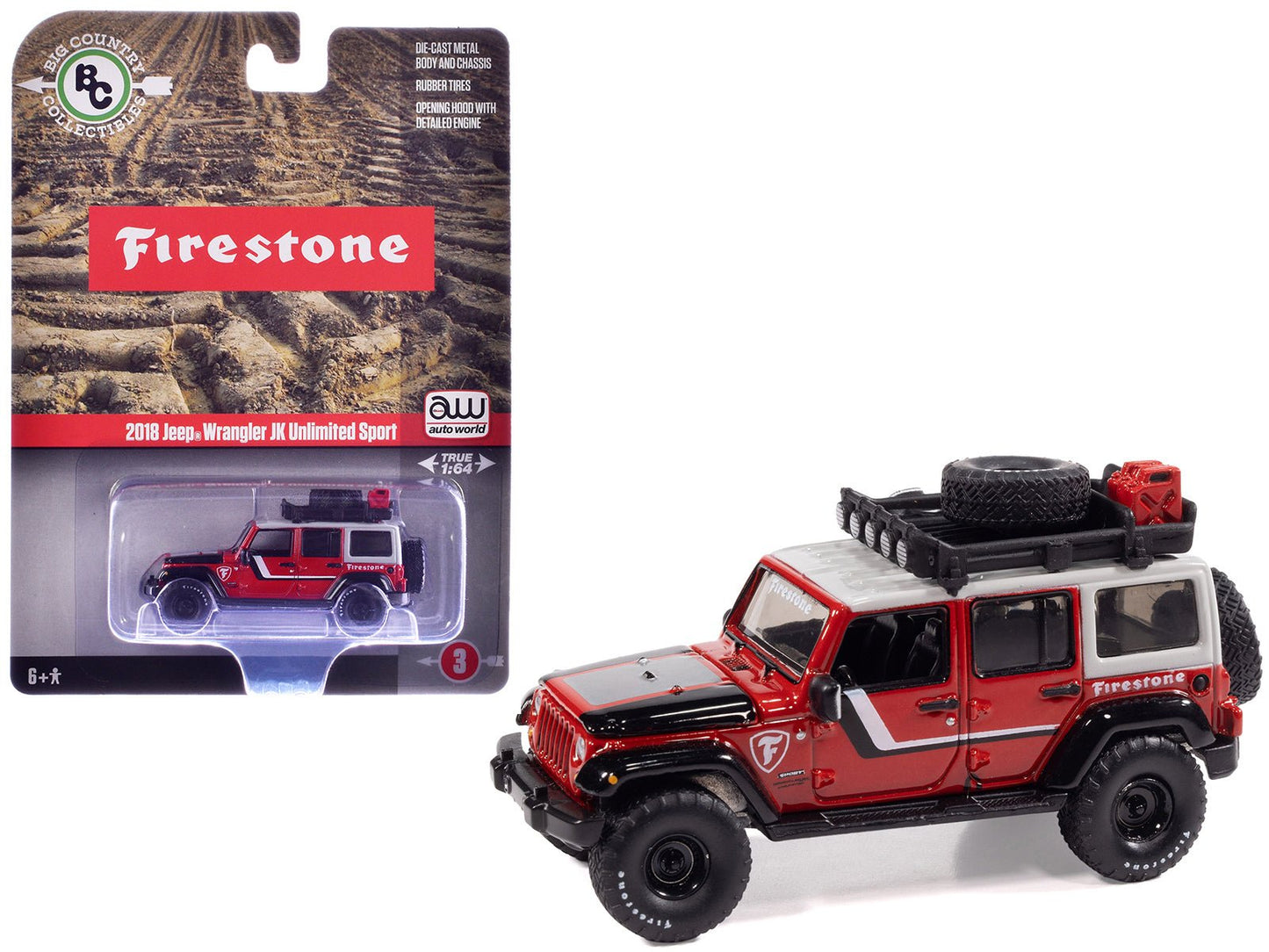 2018 Jeep Wrangler JK Unlimited Sport "Firestone Field Agent" Red with Graphics and Gray Top with Roof Rack "Big Country Collectibles" 2025 Series 1/64 Diecast Model Car by Auto World  free shipping USA
