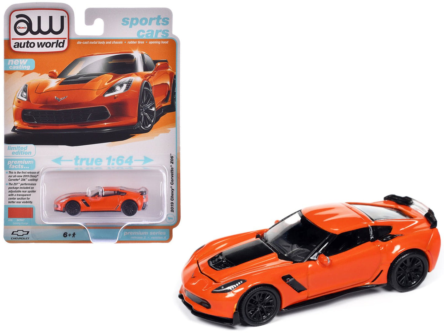 2019 Chevrolet Corvette Z06 Sebring Orange with Black Hood "Sports Cars" Series 1/64 Diecast Model Car by Auto World  free shipping USA