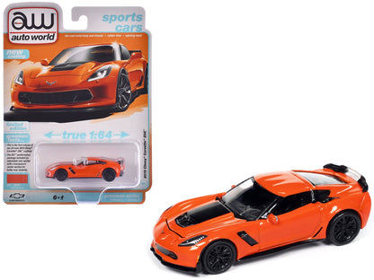 2019 Chevrolet Corvette Z06 Sebring Orange with Black Hood "Sports Cars" Series 1/64 Diecast Model Car by Auto World  free shipping USA