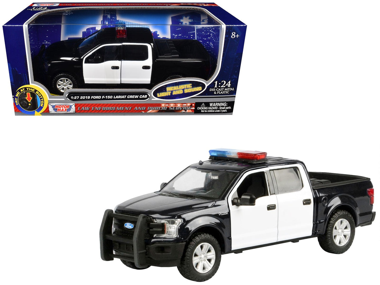 2019 Ford F-150 Lariat Crew Cab Pickup Truck Black and White with Flashing Light Bar and Front and Rear Lights and Sounds 1/27 Diecast Model Car by Motormax  free shipping USA
