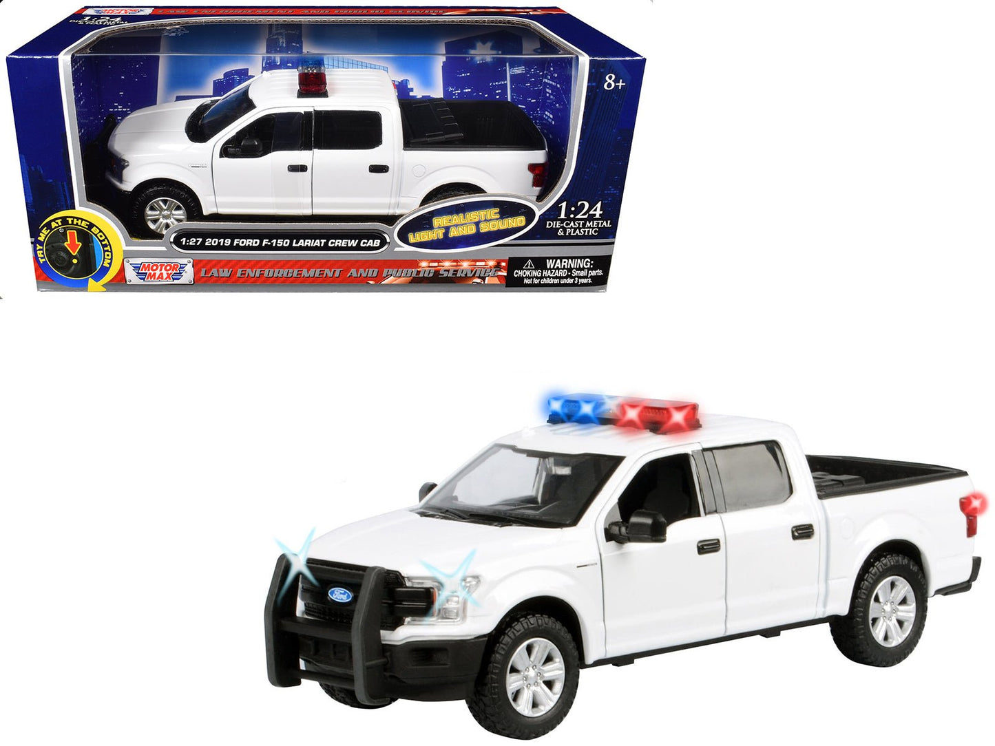 2019 Ford F-150 Lariat Crew Cab Pickup Truck White with Flashing Light Bar and Front and Rear Lights and Sounds 1/27 Diecast Model Car by Motormax  free shipping USA