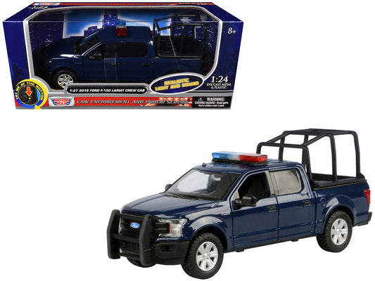 2019 Ford F-150 Lariat Crew Cab Pickup Truck with Bed Cage Dark Blue with Flashing Light Bar and Front and Rear Lights and Sounds 1/27 Diecast Model Car by Motormax  free shipping USA