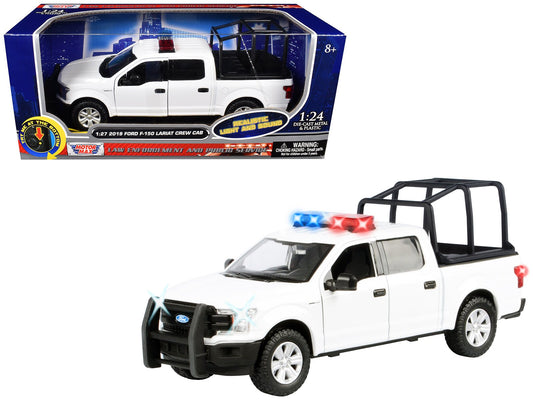 2019 Ford F-150 Lariat Crew Cab Pickup Truck with Bed Cage White with Flashing Light Bar and Front and Rear Lights and Sounds 1/27 Diecast Model Car by Motormax  free shipping USA