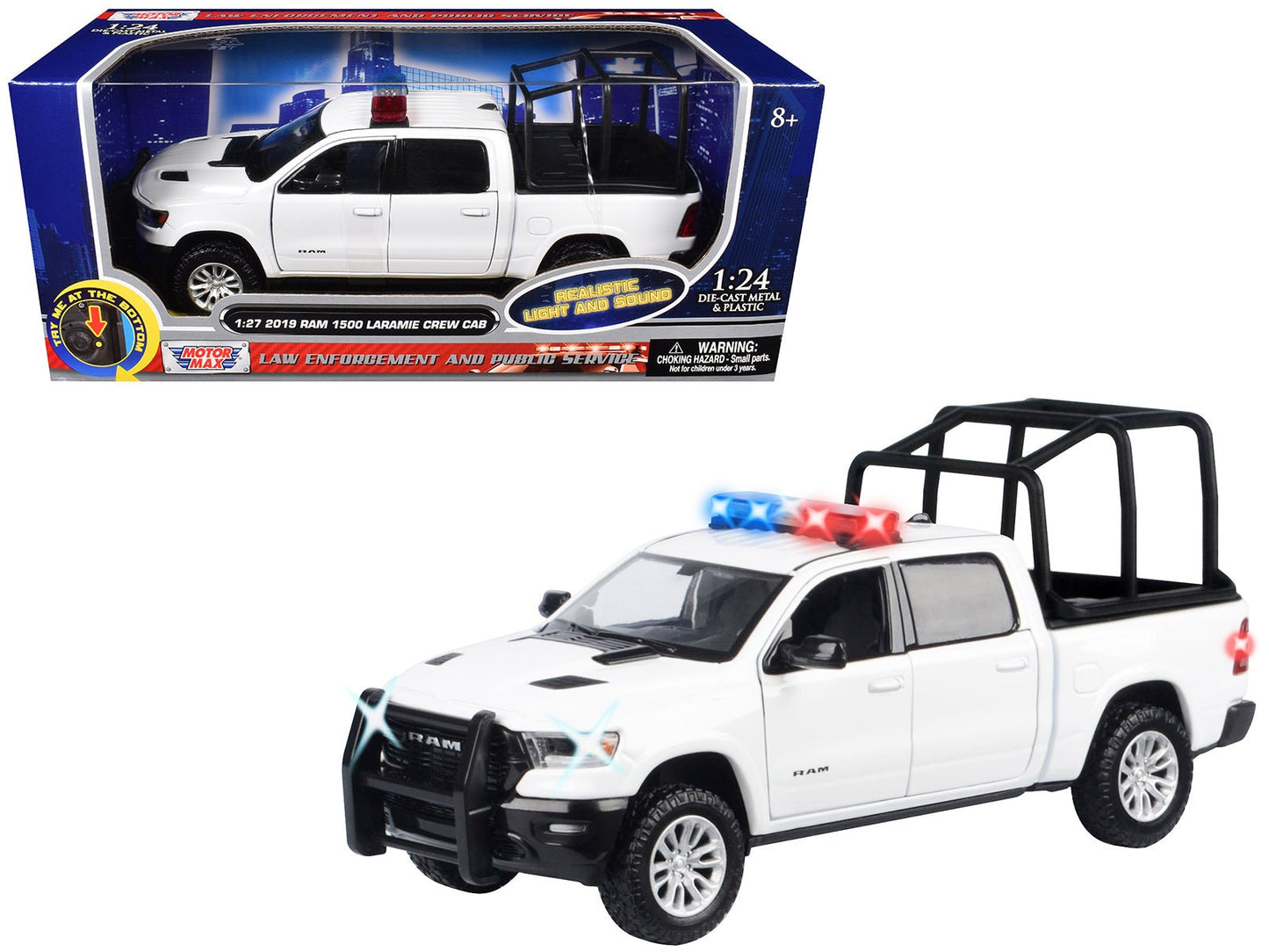 2019 RAM 1500 Laramie Crew Cab Pickup Truck with Bed Cage White with Flashing Light Bar and Front and Rear Lights and Sounds 1/27 Diecast Model Car by Motormax  free shipping USA