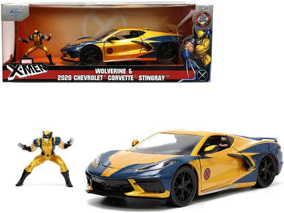 2020 Chevrolet Corvette C8 Stingray Gold Metallic and Dark Blue and Wolverine Diecast Figurine "X-Men" "Marvel" Series "Hollywood Rides" 1/24 Diecast Model Car by Jada  free shipping USA